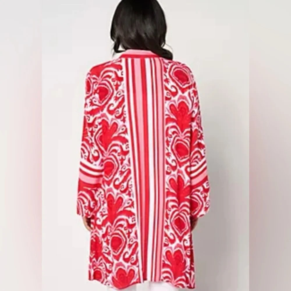 Dennis Basso Women’s Red White Duster Kimono Bohemian Hippie Western Cowgirl 2X - Picture 2 of 10
